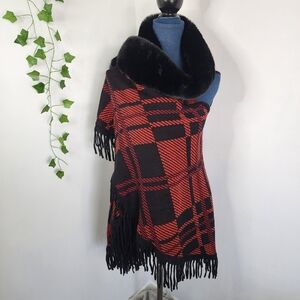 Northern Angel Black Red Vest Cape with Faux Fur and Fringe NWT